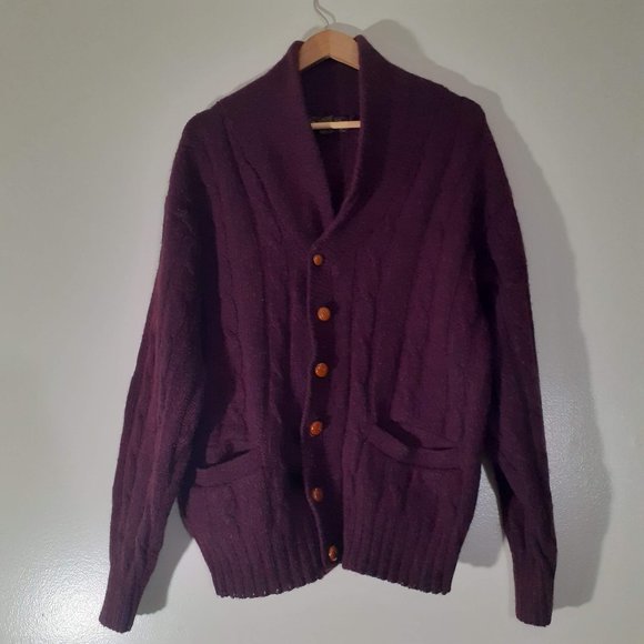 Eddie Bauer USA Heritage Fisherman Cableknit Shawl collar Wool button Cardigan M - Picture 2 of 4